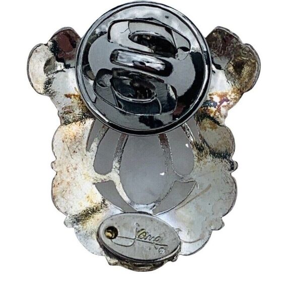 Vintage Jane Blue Red Icy Rhinestone Angel Brooch Pin 1" Silver Tone Filagree - Picture 10 of 12